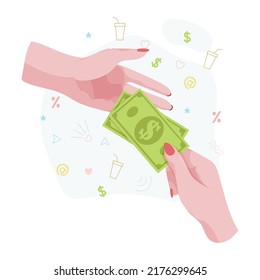 Hands with money Counting, giving, giving, receiving, squeezing and showing money. Payment for goods. Charity. Banking operations with cash. Vector illustration.