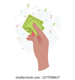 Manos con dinero Contando, dando, recibiendo, exprimiendo y mostrando dinero. Pago por mercancías. Caridad. Operaciones bancarias con efectivo. Ilustración vectorial.