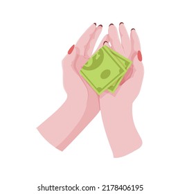 Hands with money Counting, giving, giving, receiving, squeezing and showing money. Payment for goods. Charity. Banking operations with cash. Vector illustration.
