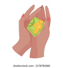 Manos con dinero Contando, dando, recibiendo, exprimiendo y mostrando dinero. Pago por mercancías. Caridad. Operaciones bancarias con efectivo. Ilustración vectorial.