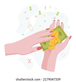 Hands with money Counting, giving, giving, receiving, squeezing and showing money. Payment for goods. Charity. Banking operations with cash. Vector illustration.