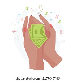 Manos con dinero Contando, dando, recibiendo, exprimiendo y mostrando dinero. Pago por mercancías. Caridad. Operaciones bancarias con efectivo. Ilustración vectorial.