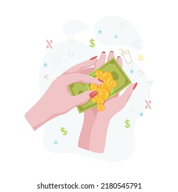 Manos con dinero Contando, dando, recibiendo, exprimiendo y mostrando dinero. Pago por mercancías. Caridad. Operaciones bancarias con efectivo. Ilustración vectorial.