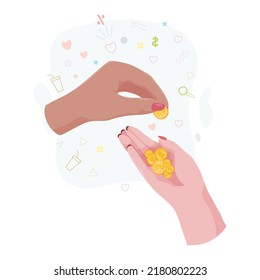 Hands with money Counting, giving, giving, receiving, squeezing and showing money. Payment for goods. Charity. Banking operations with cash. Vector illustration.