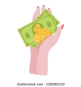 Manos con dinero Contando, dando, recibiendo, exprimiendo y mostrando dinero. Pago por mercancías. Caridad. Operaciones bancarias con efectivo. Ilustración vectorial.
