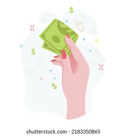 Manos con dinero Contando, dando, recibiendo, exprimiendo y mostrando dinero. Pago por mercancías. Caridad. Operaciones bancarias con efectivo. Ilustración vectorial.