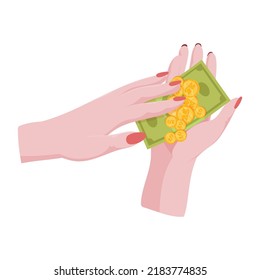 Manos con dinero Contando, dando, recibiendo, exprimiendo y mostrando dinero. Pago por mercancías. Caridad. Operaciones bancarias con efectivo. Ilustración vectorial.
