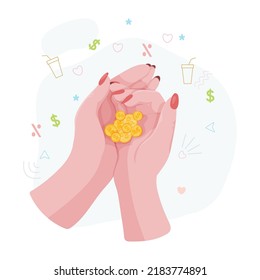 Hands with money Counting, giving, giving, receiving, squeezing and showing money. Payment for goods. Charity. Banking operations with cash. Vector illustration.
