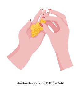 Hands with money Counting, giving, giving, receiving, squeezing and showing money. Payment for goods. Charity. Banking operations with cash. Vector illustration.