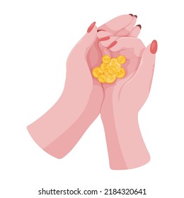 Hands with money Counting, giving, giving, receiving, squeezing and showing money. Payment for goods. Charity. Banking operations with cash. Vector illustration.
