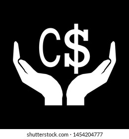 Hands and money currency CANADA DOLLAR sign white on black background