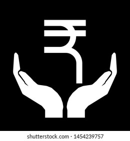 Hands and money currency Rupee India sign white on black background