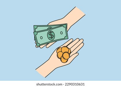 Hands with money engaged in finance exchange on market. People involved in currency exchange. Financial transaction concept. Vector illustration. 