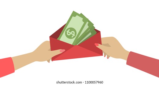 Hands with money in envelope on white. Woman with letter.