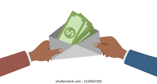 Hands with money in envelope on white. Woman with letter.