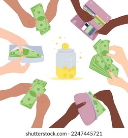 Hands with money flat composition of human hands with cash surrounding glass can full of coins vector illustration