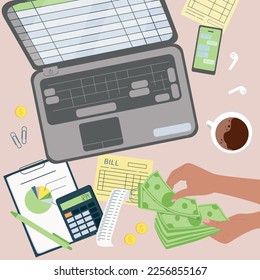 Hands with money flat composition with top view of table with laptop paper calculations and cash vector illustration