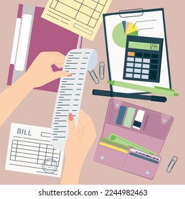 Hands with money flat composition of workplace with calculator bills wallet with credit cards and cash vector illustration