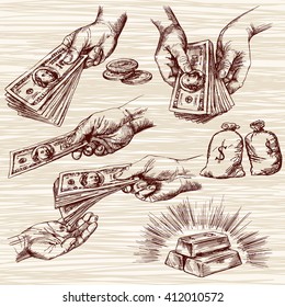 Hands with money. Hand drawn set.