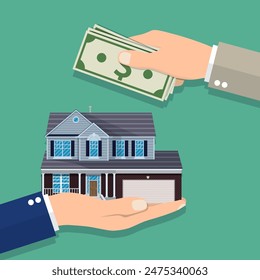 Hands with money and house. Real estate. vector illustration in flat style.