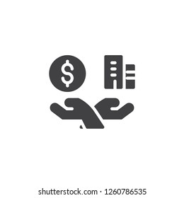 Hands with money and house vector icon. filled flat sign for mobile concept and web design. Real estate simple solid icon. Symbol, logo illustration. Pixel perfect vector graphics