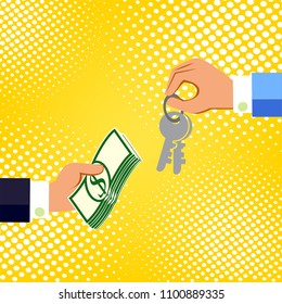 Hands with money and keys. Exchanging concept. Flat design style. Vector illustration.