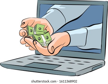 Hands and money in laptop