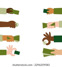 Hands with money from left and right. Crowd want to pay. Different skin tones diverse people hold coins, banknotes, cards. Buying, purchase, investment concept. Vector flat illustration.