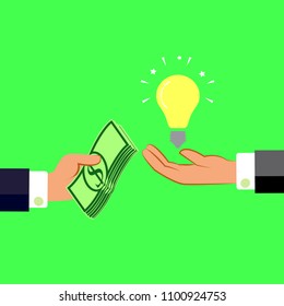Hands with money and light bulb. Exchanging concept. Flat design style. Vector illustration.