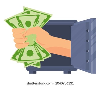 Hands with a money protrude from the safe. Banking services. Financial aid. Credit, deposit or leasing. Debt repayment. Interest-free loan. No commission. Flat vector illustration.