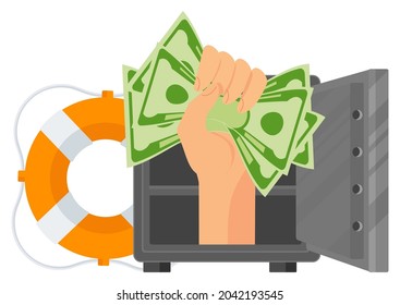 Hands with a money protrude from the safe. Fast loans at low interest rates. Financial assistance, support. Lifebuoy as a metaphor for financial aid. Flat vector illustration.