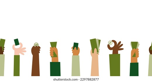 Hands with money seamless border. Crowd want to pay. Different skin tones diverse people hold coins, banknotes, cards. Buying, purchase, investment concept. Vector flat illustration.