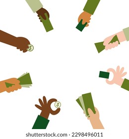 Manos con dinero de lados con círculo dentro. La multitud quiere pagar. la gente tiene monedas, billetes, tarjetas. Compras, compras, concepto de inversión. Ilustración plana vectorial.