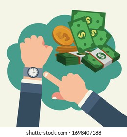 Hands with money. Time is money concept vector illustration