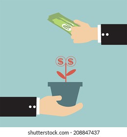 Hands with money tree and money. Exchanging concept. 