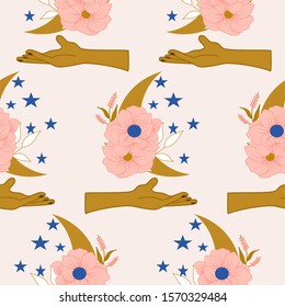 Hands, moon and flowers, in a seamless pattern design, perfect to use on the web or in print
