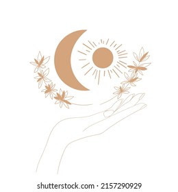 Hands, Moon and hearts. Vector illustration. 