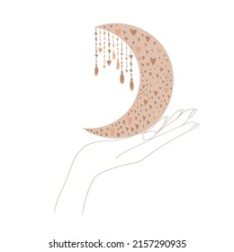 Hands, Moon and hearts. Vector illustration. 