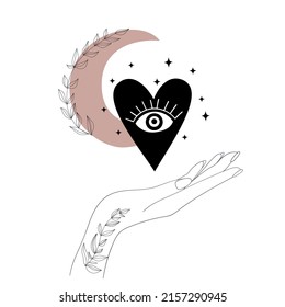 Hands, Moon and hearts. Vector illustration. 