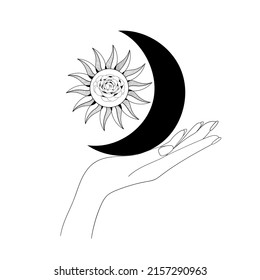 Manos, luna y corazones. Ilustración vectorial. 