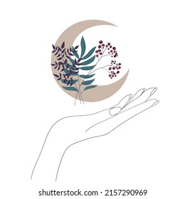 Hands, Moon and hearts. Vector illustration. 