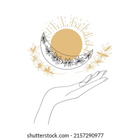 Hands, Moon and hearts. Vector illustration. 