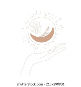 Hands, Moon and hearts. Vector illustration. 