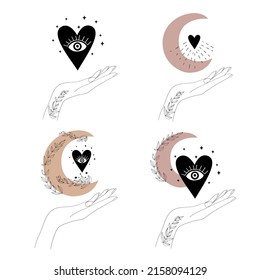 Hands, Moon and hearts. Vector illustration. 