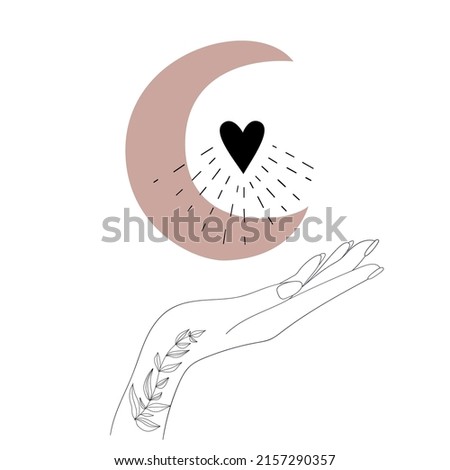 Hands, Moon and hearts. Vector illustration. 