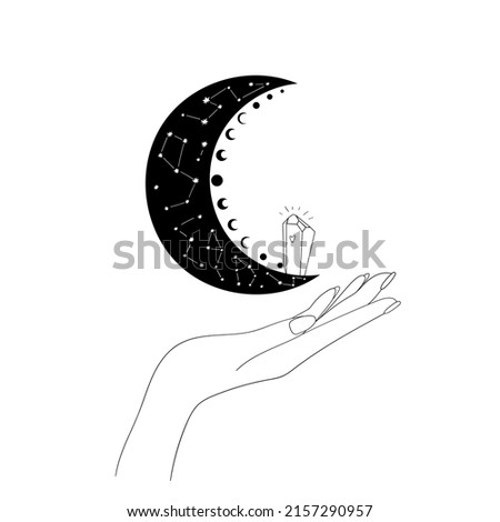 Hands, Moon and hearts. Vector illustration. 
