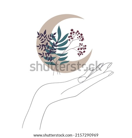 Hands, Moon and hearts. Vector illustration. 