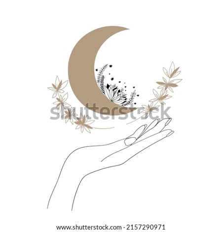 Hands, Moon and hearts. Vector illustration. 