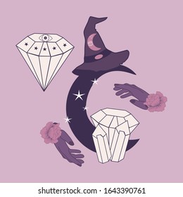 hands, moon and witch hat, vector illustration, perfect to use on the web or in print