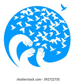 Hands, mourners birds. Vector illustration in the circle . The symbol of the blue planet. A symbol of peace, freedom and kindness